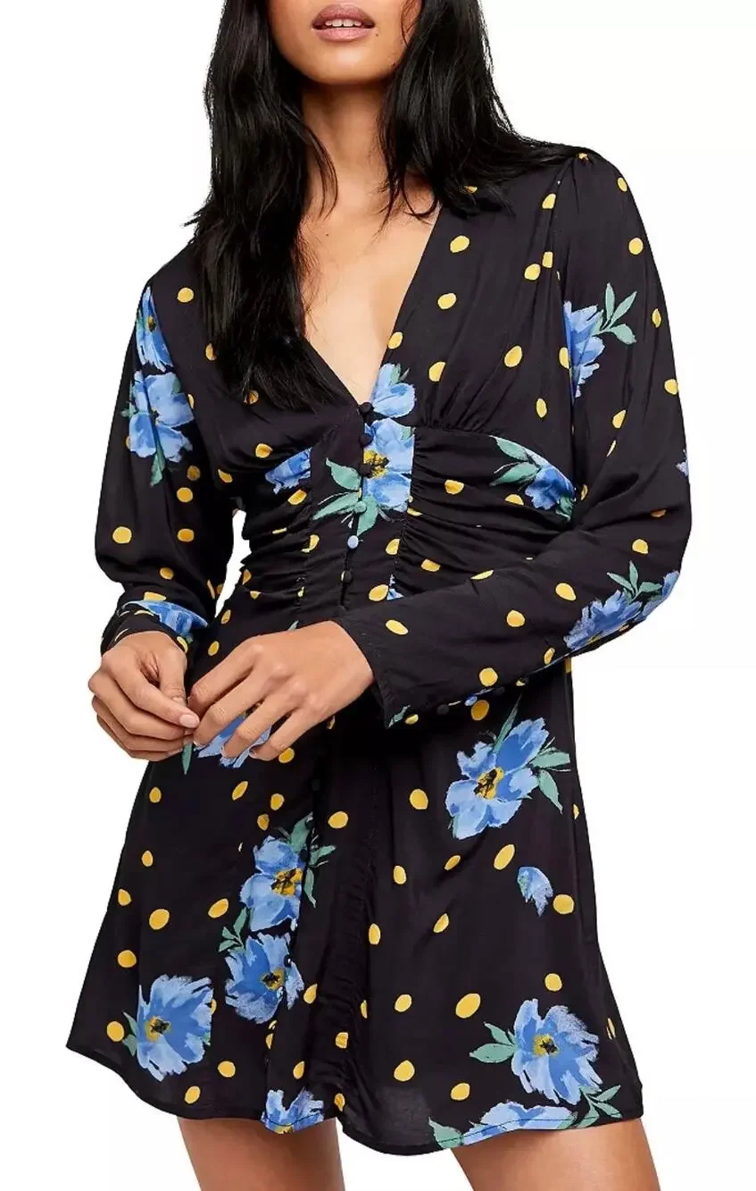 Free People Mini Dress Black and Blue Floral Long Sleeve Ruched Waist size XS